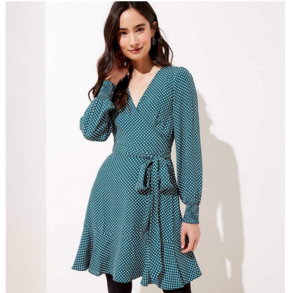 NWT LOFT Dotted Smocked Cuff Wrap Dress
